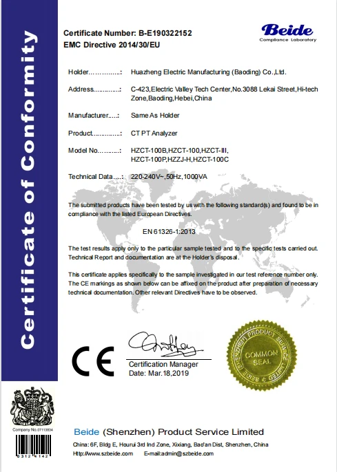 Certifikace Huazheng Electric CT PT Analyzer CE